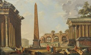 PANINI  GIOVANNI PAOLO (1691 - 1765) - Cerchia di. Capriccio architettonico con personaggi