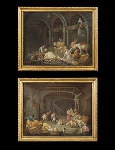 GIACOBONI GIORGIO (1716 - 1777) - Coppia di dipinti raffiguranti interno di stalla con personaggi e animali