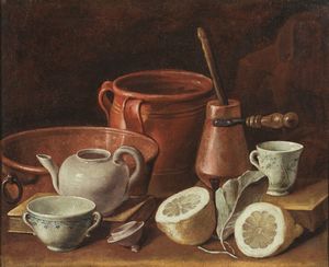 MAGINI CARLO (1720 - 1806) - Natura morta con ceramiche, rami e limoni