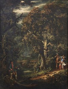 COLOMBO GIOVANNI BATTISTA (1717 - 1793) - Contadini e cacciatore con cane nella foresta