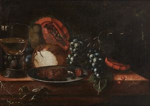 ARTISTA DEL XVIII SECOLO - Natura morta di frutta, piatto in argento e calice