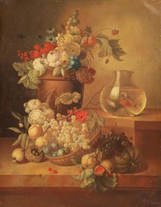 ARTISTA FIAMMINGO DEL XVIII-XIX SECOLO - Natura morta con fiori, frutta e pesci rossi
