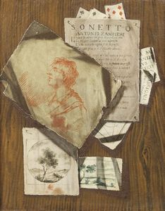 ARTISTA DEL XVIII SECOLO - Trompe l'oeil con stampe, testi di poesia e carte da gioco