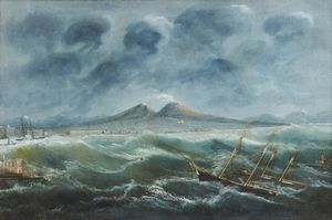 FERGOLA SALVATORE  (1799 - 1874) - Ambito di. Marina in tempesta con Vesuvio sullo sfondo