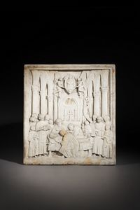 SCULTORE DEL XVIII SECOLO - Morte di San Bernardino da Siena in pietra scolpita