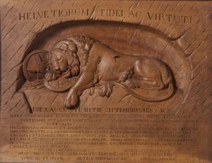 SCULTORE DEL XIX SECOLO - Bassorilievo ligneo raffigurante il leone di Lucerna, dal modello di Bertel Thorvaldsen