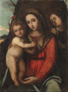 ARTISTA TOSCANO DEL XVI SECOLO - Madonna con Bambino e San Giovannino