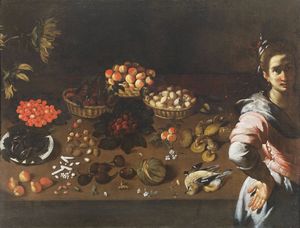 STROZZI BERNARDO (1581 - 1644) - e bottega. Natura morta di frutta con popolana