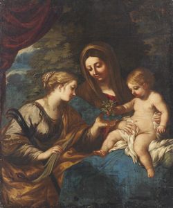 PIETRO DA CORTONA (1596 - 1669) - Bottega di. Madonna con Bambino e Santa Martina
