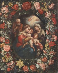NUZZI, DETTO MARIO DE' FIORI MARIO (1603 - 1673) - Ambito di. Sacra Famiglia entro ghirlanda di fiori