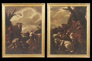 BRANDI GIACINTO (1623 - 1691) - Coppia di dipinti raffiguranti paesaggi con contadino e gregge