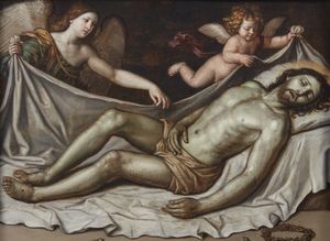 ARTISTA DEL XVII SECOLO - Cristo morto e due angeli