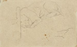 FATTORI GIOVANNI (1825 - 1908) - Cane che dorme e al retro paesaggio con barche