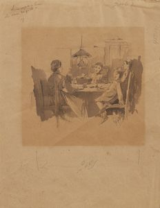 FATTORI GIOVANNI (1825 - 1908) - Dalla serie L'oriolo del cuculo, ''La sora Flaminia intanto, col cucchiaione in una mano e la prima scodella nell'altra, aspettava guardando la porta dalla quale doveva comparire il marito''