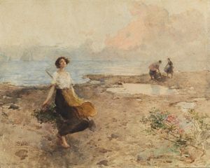 SALA PAOLO (1859 - 1924) - Paesaggio marino con personaggi