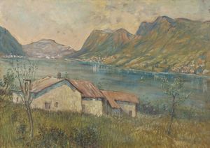 FIESSI  ANGELO (1891 - 1977) - Paesaggio lagunare con case