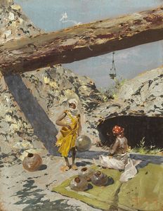 PELLEGRINI RICCARDO (1863 - 1934) - Paesaggio orientalista con personaggi