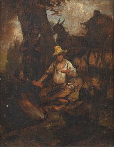 INGANNI ANGELO (1807 - 1880) - Paesaggio con contadini e carro