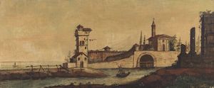 DELEIDI, DETTO IL NEBBIA LUIGI (1784 - 1853) - Attribuito a. Paesaggio lacustre con edifici