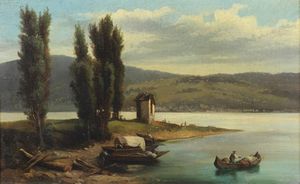 AMUS EUGENIO (1834 - 1899) - Paesaggio lacustre con barchetta e personaggio