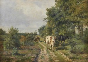 MONTIGNY JULES LEON (1847 - 1899) - Paesaggio con armenti e contadino