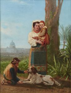 JOTTI CARLO (1826 - 1905) - Popolana romana con bambini e cane, la cupola di S. Pietro sullo sfondo