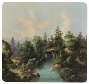 ARTISTA DEL XIX SECOLO - Paesaggio con fiume e contadini