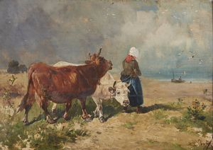 SCHOUNTEN HENRY (1857 - 1927) - Paesaggio con contadina e animali