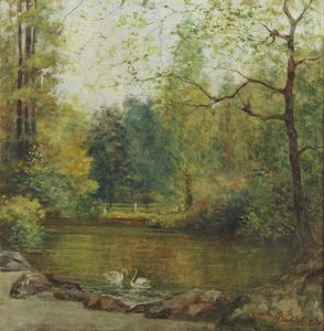 BERTOLOTTI CESARE (1854 - 1932) - Paesaggio con stagno e oche