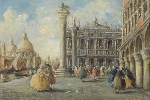 ARTISTA DEL XIX-XX SECOLO - Piazza San Marco con personaggi in costumi settecenteschi