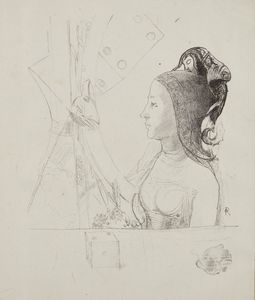 REDON ODILON (1840 - 1916) - Femme de profil vers la gauche, coiffe d'un hennin