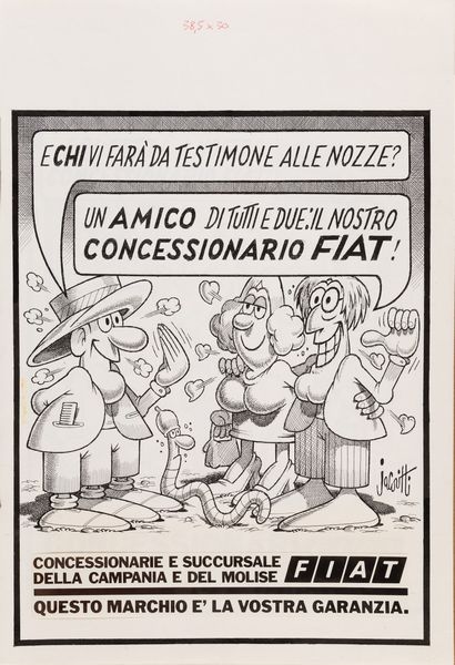 ,Benito Jacovitti 
 : Un Amico di tutti e due: il nostro Concessionario Fiat!  - Asta Manifesti d'epoca - Associazione Nazionale - Case d'Asta italiane