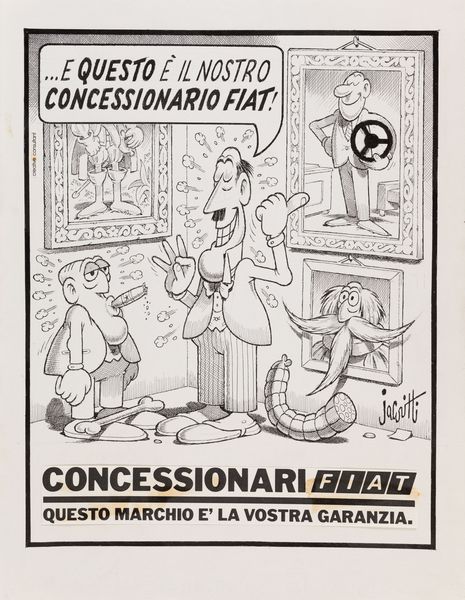 ,Benito Jacovitti 
 : ...E questo  il nostro Concessionario Fiat!  - Asta Manifesti d'epoca - Associazione Nazionale - Case d'Asta italiane