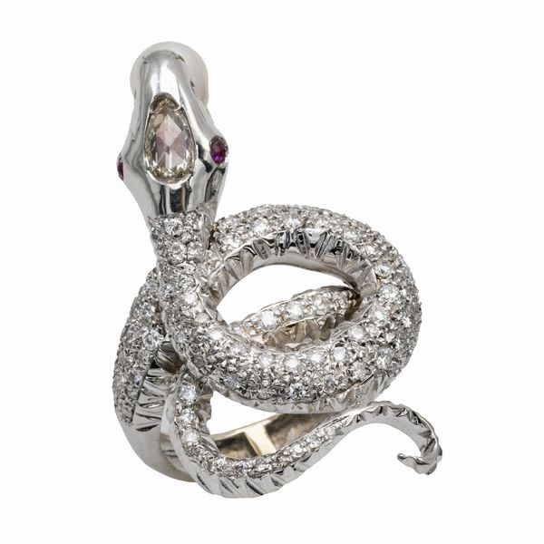 Anello a serpente in oro bianco 14kt e diamanti  - Asta Gioielli Orologi Fashion Vintage - Associazione Nazionale - Case d'Asta italiane