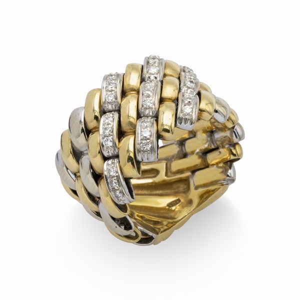 Anello a fascia in oro a due colori 18kt e diamanti  - Asta Gioielli Orologi Fashion Vintage - Associazione Nazionale - Case d'Asta italiane