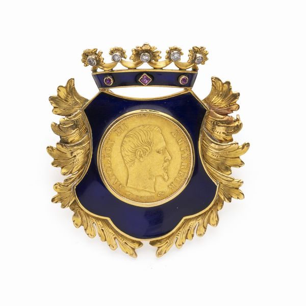 Spilla stemma con moneta 5 franchi Napoleone III  - Asta Gioielli Orologi Fashion Vintage - Associazione Nazionale - Case d'Asta italiane