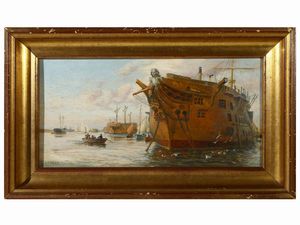 ,Scuola inglese del XIX secolo - Veduta di porto con imbarcazioni