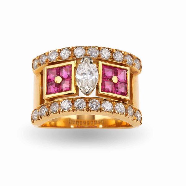 Anello a fascia con diamanti e rubini  - Asta Fine Jewels - Associazione Nazionale - Case d'Asta italiane