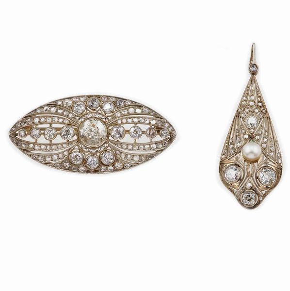 Spilla e pendente con diamanti di vecchio taglio e perla  - Asta Fine Jewels - Associazione Nazionale - Case d'Asta italiane