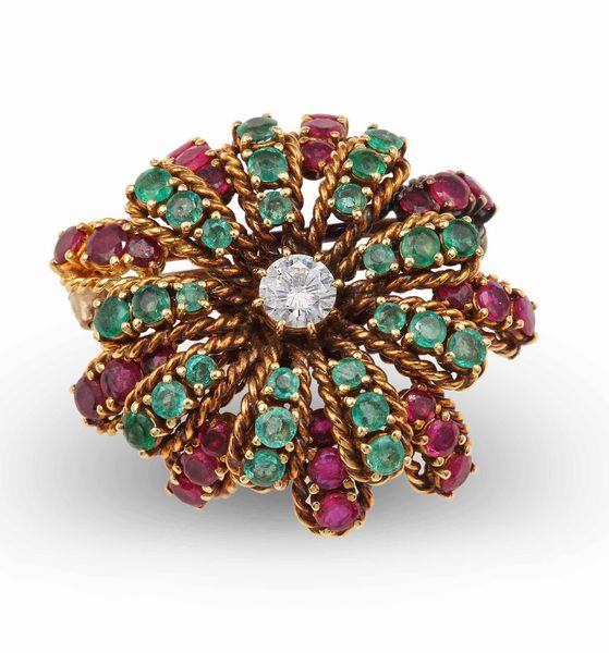 Spilla con diamante, smeraldi e rubini  - Asta Fine Jewels - Associazione Nazionale - Case d'Asta italiane