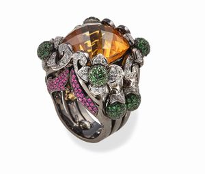 Anello con grande quarzo citrino, tsavoriti, diamanti e zaffiri rosa  - Asta Fine Jewels - Associazione Nazionale - Case d'Asta italiane