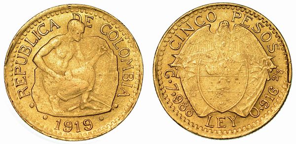 COLOMBIA. REPUBLIC. 5 Pesos 1919.  - Asta Numismatica  - Associazione Nazionale - Case d'Asta italiane