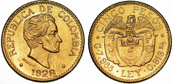 COLOMBIA. REPUBLIC. 5 Pesos 1928.  - Asta Numismatica  - Associazione Nazionale - Case d'Asta italiane