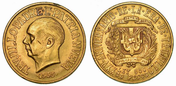 REPUBBLICA DOMINICANA. 30 Pesos 1955. Per il 25 Anniversario del regime di Trujillo.  - Asta Numismatica  - Associazione Nazionale - Case d'Asta italiane