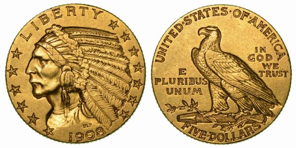 USA. REPUBLIC. 5 Dollars Indian Head 1908.  - Asta Numismatica  - Associazione Nazionale - Case d'Asta italiane