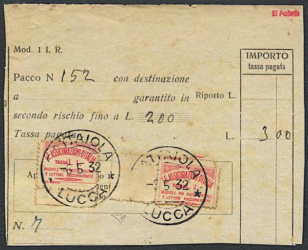 1926, Regno dItalia, Francobolli Assicurativi.  - Asta Filatelia e Storia Postale - Associazione Nazionale - Case d'Asta italiane