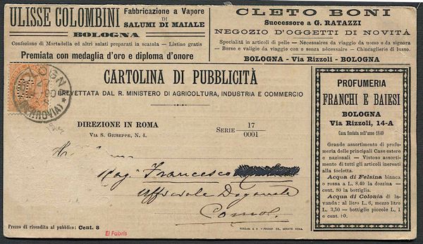 1889, Regno dItalia, cartolina di Pubblicit da 20 centesimi.  - Asta Filatelia e Storia Postale - Associazione Nazionale - Case d'Asta italiane