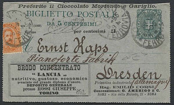 1890, Regno dItalia, Interi pubblicitari privati.  - Asta Filatelia e Storia Postale - Associazione Nazionale - Case d'Asta italiane