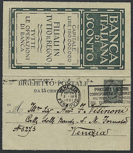 1919, Regno dItalia, biglietto postale da 15 cent. ardesia.  - Asta Filatelia e Storia Postale - Associazione Nazionale - Case d'Asta italiane