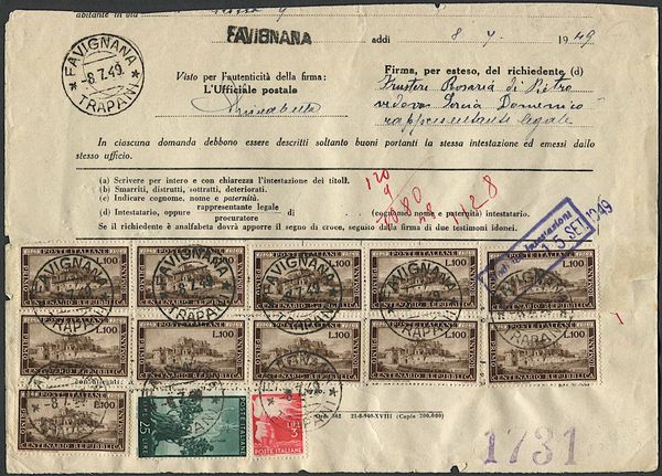 1949, Repubblica Italiana, Modulo interno poste.  - Asta Filatelia e Storia Postale - Associazione Nazionale - Case d'Asta italiane